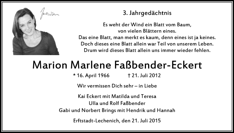  Traueranzeige für Marion Marlene Faßbender-Eckert vom 18.07.2015 aus Kölner Stadt-Anzeiger / Kölnische Rundschau / Express