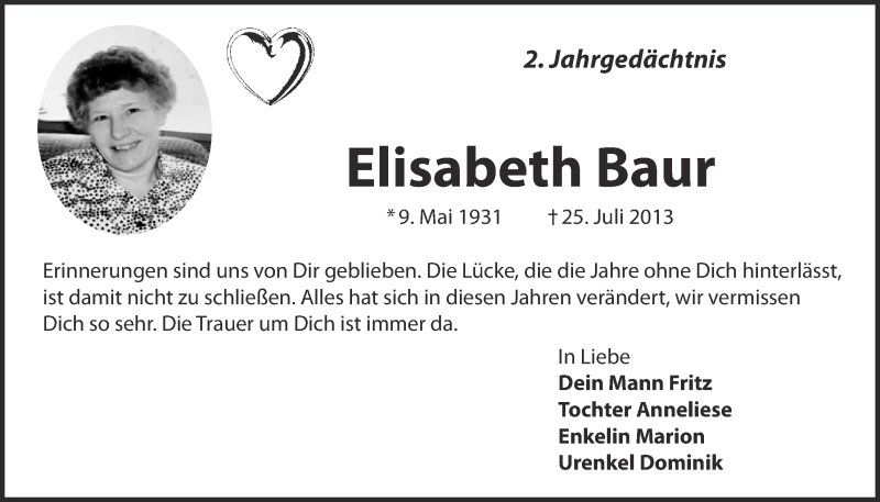  Traueranzeige für Elisabeth Baur vom 29.07.2015 aus  Kölner Wochenspiegel 