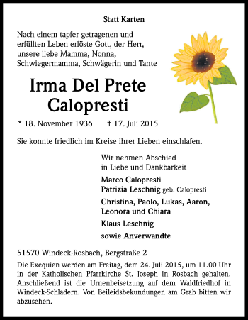 Anzeige von Irma  Del Prete Calopresti von Kölner Stadt-Anzeiger / Kölnische Rundschau / Express