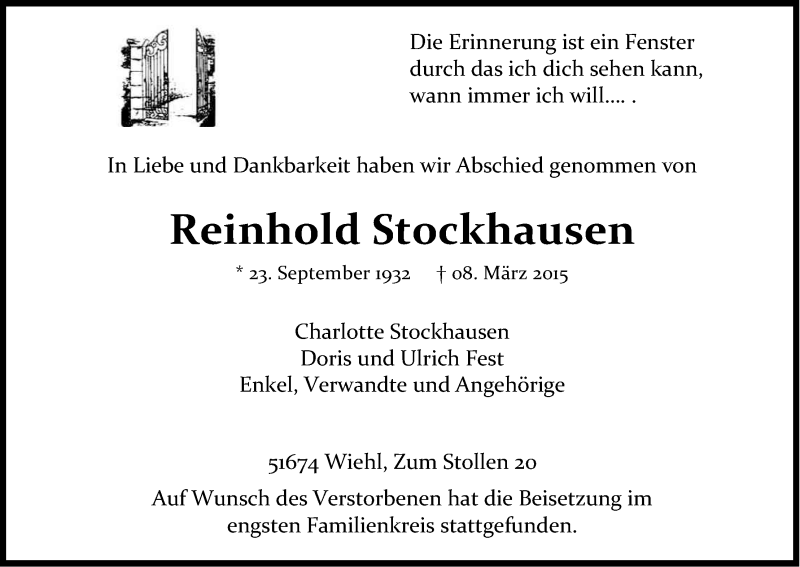 Traueranzeige für Reinhold Stockhausen vom 23.03.2015 aus Kölner Stadt-Anzeiger / Kölnische Rundschau / Express