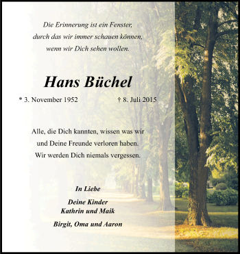 Anzeige von Hans Büchel von Kölner Stadt-Anzeiger / Kölnische Rundschau / Express