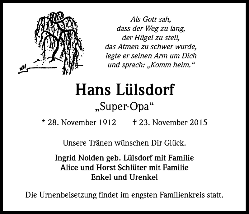  Traueranzeige für Hans Lülsdorf vom 28.11.2015 aus Kölner Stadt-Anzeiger / Kölnische Rundschau / Express