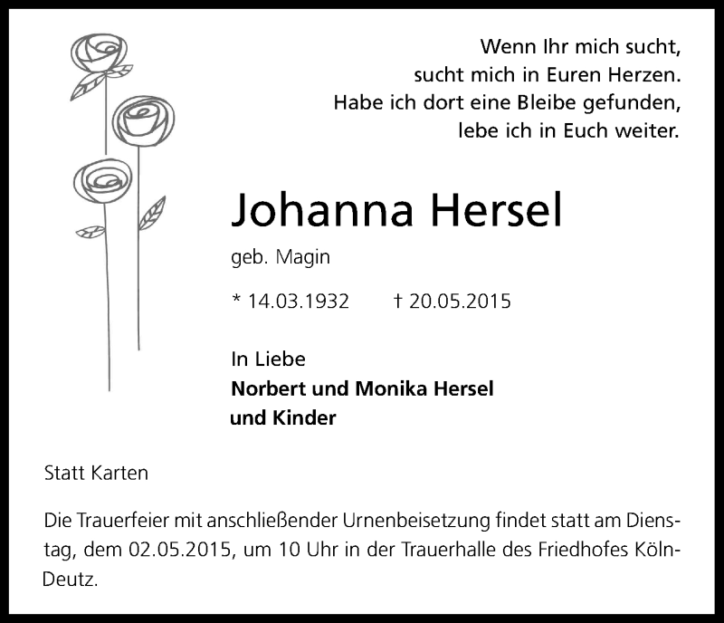  Traueranzeige für Johanna Hersel vom 30.05.2015 aus Kölner Stadt-Anzeiger / Kölnische Rundschau / Express