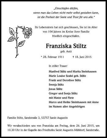 Anzeige von Franziska Stiltz von Kölner Stadt-Anzeiger / Kölnische Rundschau / Express