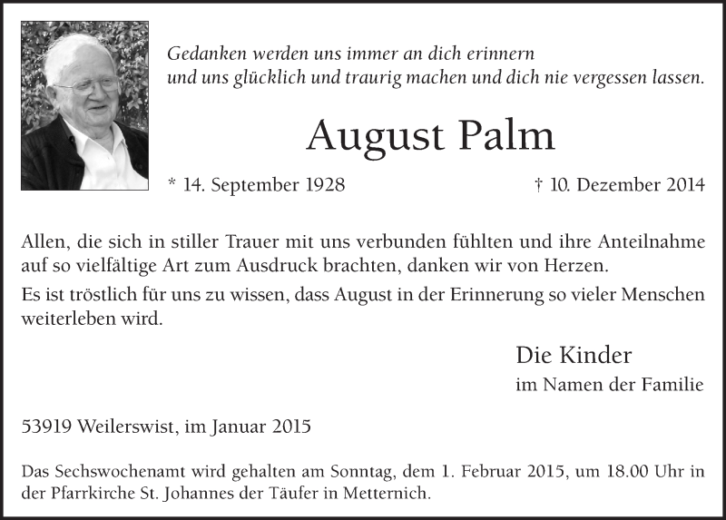  Traueranzeige für August Palm vom 25.01.2015 aus  Blickpunkt Euskirchen 