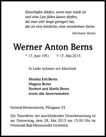 Anzeige von Werner Anton Berns von Kölner Stadt-Anzeiger / Kölnische Rundschau / Express