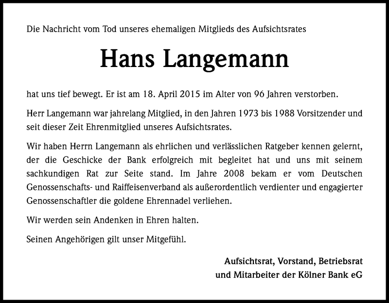  Traueranzeige für Hans Langemann vom 22.04.2015 aus Kölner Stadt-Anzeiger / Kölnische Rundschau / Express