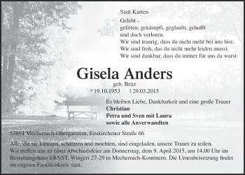 Anzeige von Gisela Anders von  Blickpunkt Euskirchen 
