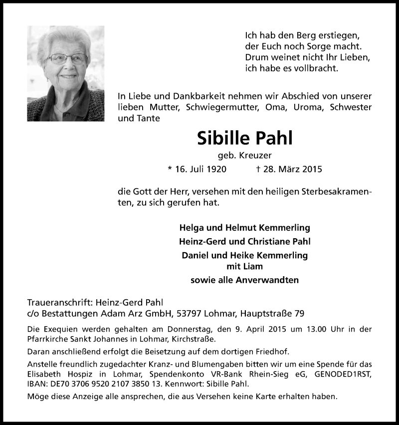  Traueranzeige für Sibille Pahl vom 04.04.2015 aus Kölner Stadt-Anzeiger / Kölnische Rundschau / Express