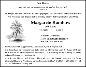 Anzeige von Margarete Rambow von Kölner Stadt-Anzeiger / Kölnische Rundschau / Express
