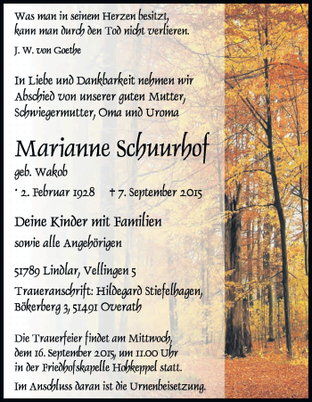 Anzeige von Marianne Schuurhof von Kölner Stadt-Anzeiger / Kölnische Rundschau / Express