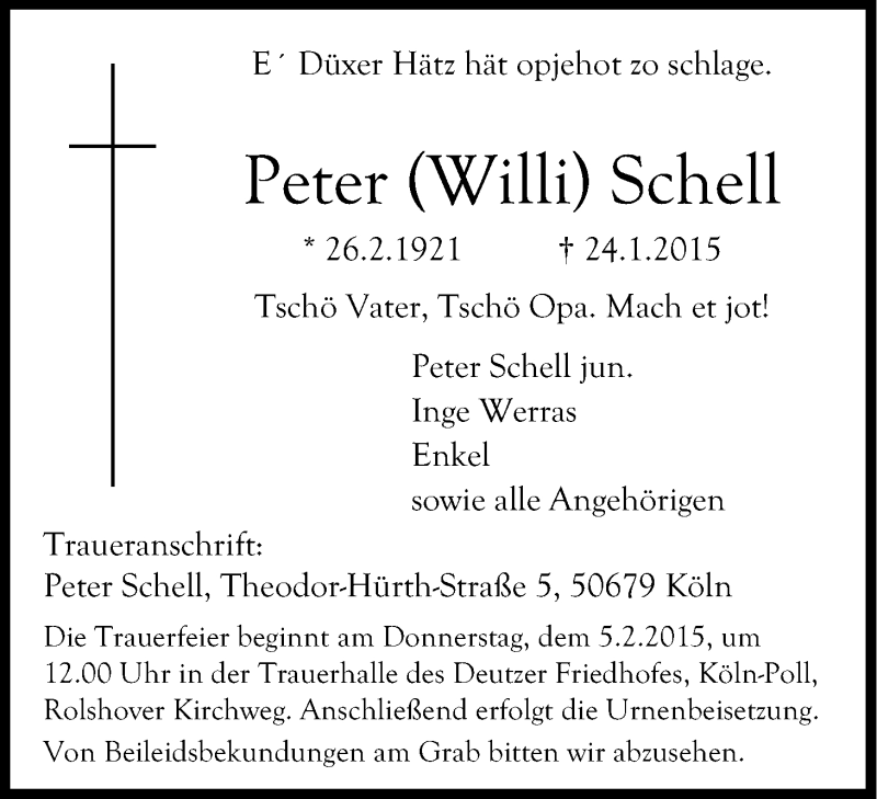  Traueranzeige für Peter Schell vom 31.01.2015 aus Kölner Stadt-Anzeiger / Kölnische Rundschau / Express
