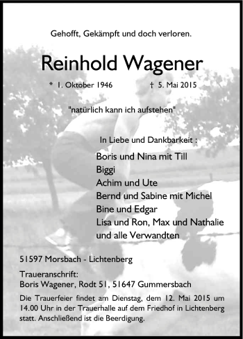 Anzeige von Reinhold Wagener von Kölner Stadt-Anzeiger / Kölnische Rundschau / Express