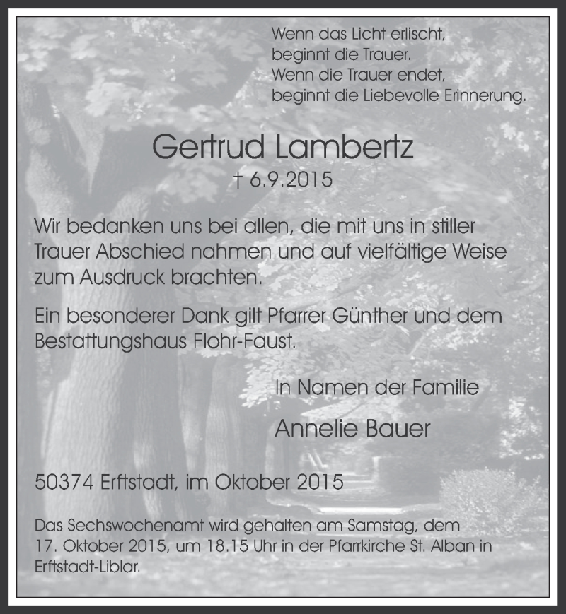  Traueranzeige für Gertrud Lambertz vom 14.10.2015 aus  Werbepost 