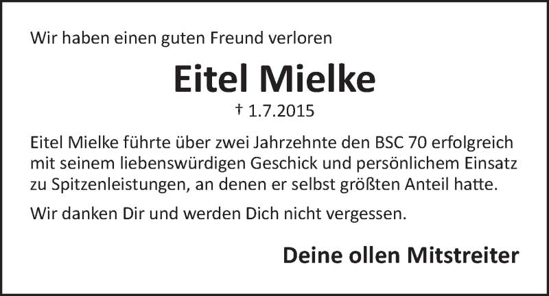  Traueranzeige für Eitel Mielke vom 22.07.2015 aus  Schlossbote/Werbekurier 
