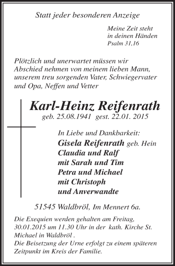 Anzeige von Karl-Heinz Reifenrath von  Lokalanzeiger 