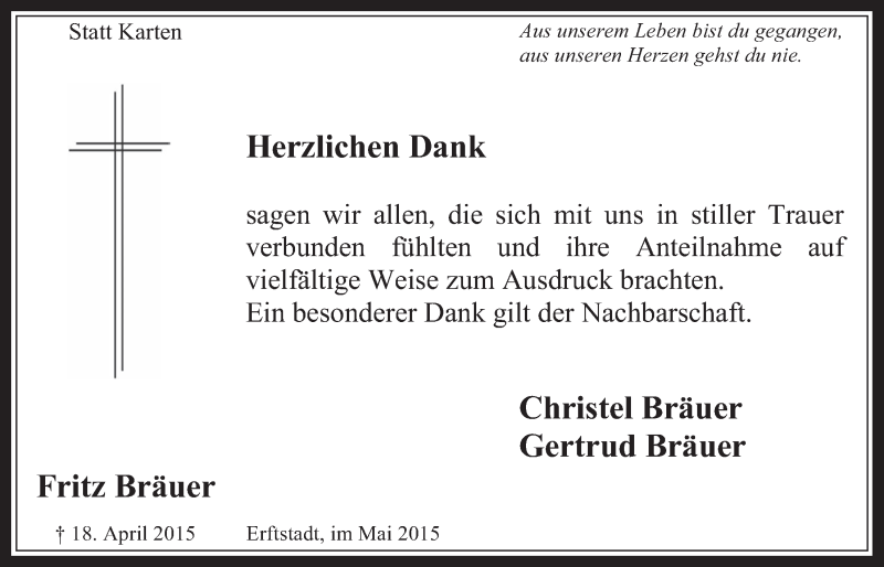  Traueranzeige für Fritz Bräuer vom 13.05.2015 aus  Werbepost 