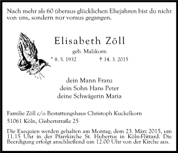 Anzeige von Elisabeth Zöll von Kölner Stadt-Anzeiger / Kölnische Rundschau / Express