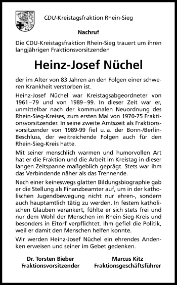 Anzeige von Heinz-Josef Nüchel von Kölner Stadt-Anzeiger / Kölnische Rundschau / Express