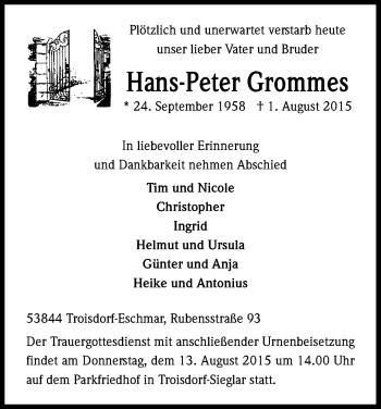 Anzeige von Hans-Peter Grommes von Kölner Stadt-Anzeiger / Kölnische Rundschau / Express