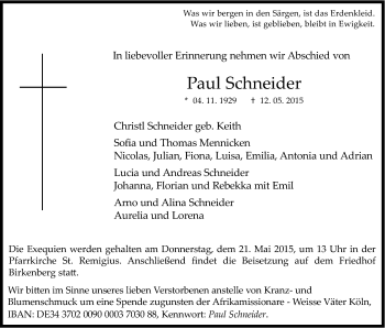 Anzeige von Paul Schneider von Kölner Stadt-Anzeiger / Kölnische Rundschau / Express