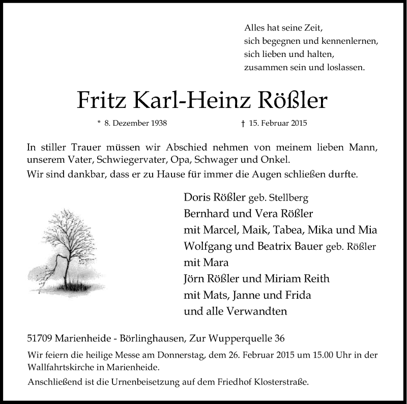  Traueranzeige für Fritz Karl-Heinz Rößler vom 21.02.2015 aus Kölner Stadt-Anzeiger / Kölnische Rundschau / Express