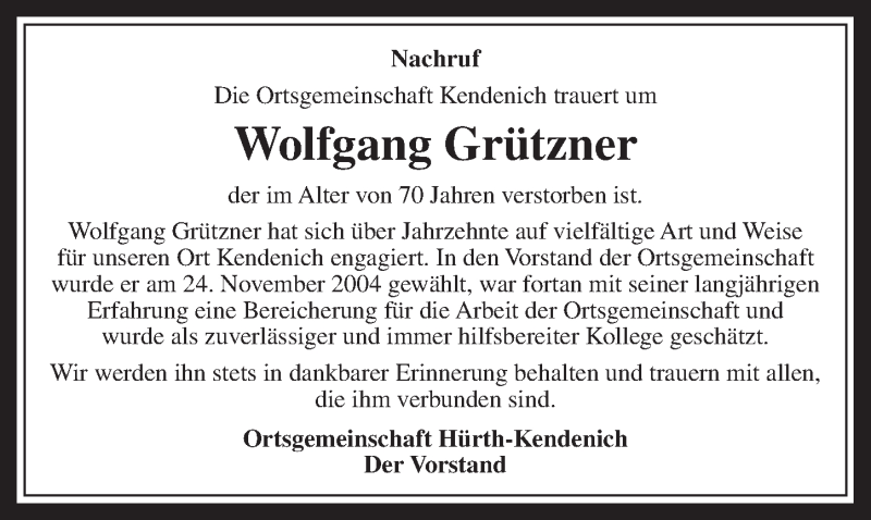 Traueranzeige für Wolfgang Grützner vom 11.03.2015 aus  Wochenende 