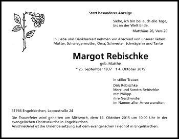 Anzeige von Margot Rebischke von Kölner Stadt-Anzeiger / Kölnische Rundschau / Express