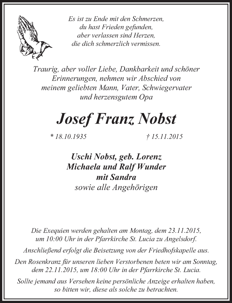  Traueranzeige für Josef Franz Nobst vom 21.11.2015 aus  Sonntags-Post 