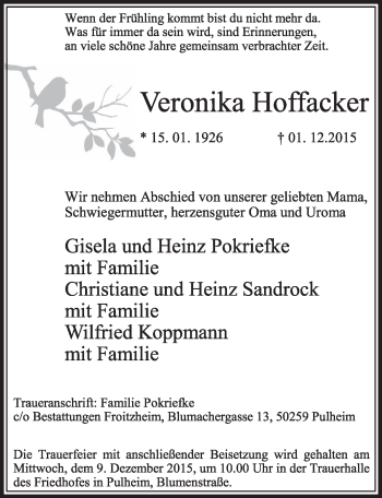 Anzeige von Veronika Hoffacker von  Sonntags-Post 