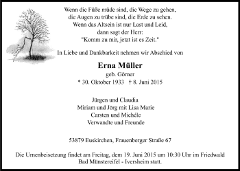 Anzeige von Erna Müller von Kölner Stadt-Anzeiger / Kölnische Rundschau / Express