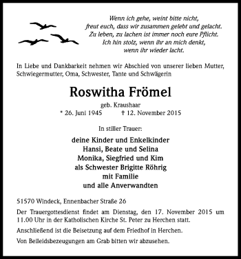 Anzeige von Roswitha Frömel von Köln - Wir Trauern