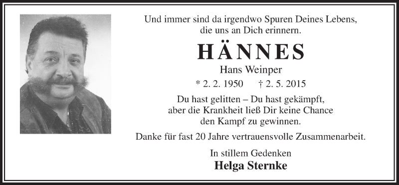  Traueranzeige für Hans Weinper vom 13.05.2015 aus  Bergisches Handelsblatt 