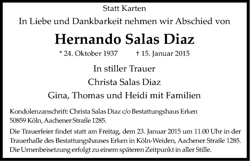  Traueranzeige für Hernando Salas Diaz vom 21.01.2015 aus Kölner Stadt-Anzeiger / Kölnische Rundschau / Express
