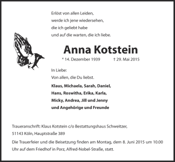 Anzeige von Anna Kotstein von  Kölner Wochenspiegel 