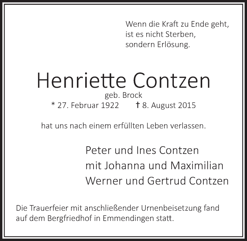  Traueranzeige für Henriette Contzen vom 19.08.2015 aus  Schlossbote/Werbekurier 