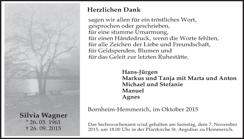  Traueranzeige für Silvia Wagner vom 28.10.2015 aus  Schaufenster/Blickpunkt 