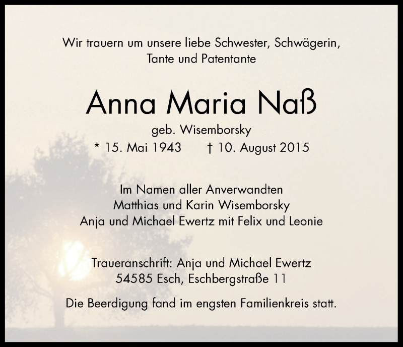  Traueranzeige für Anna Maria Naß vom 15.08.2015 aus Kölner Stadt-Anzeiger / Kölnische Rundschau / Express