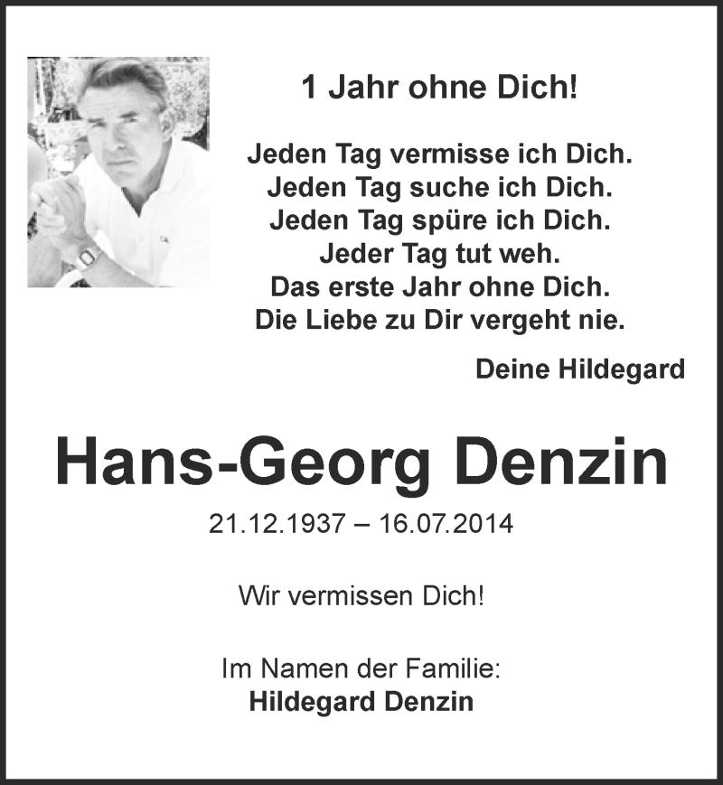  Traueranzeige für Hans-Georg Denzin vom 12.07.2015 aus  Blickpunkt Euskirchen 