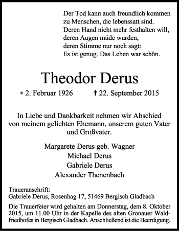 Anzeige von Theodor Derus von Kölner Stadt-Anzeiger / Kölnische Rundschau / Express