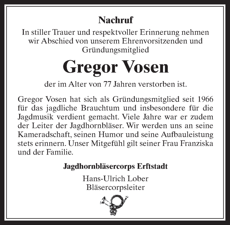  Traueranzeige für Gregor Vosen vom 15.07.2015 aus  Werbepost 