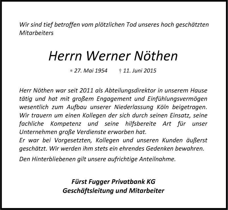  Traueranzeige für Werner Nöthen vom 16.06.2015 aus Kölner Stadt-Anzeiger / Kölnische Rundschau / Express