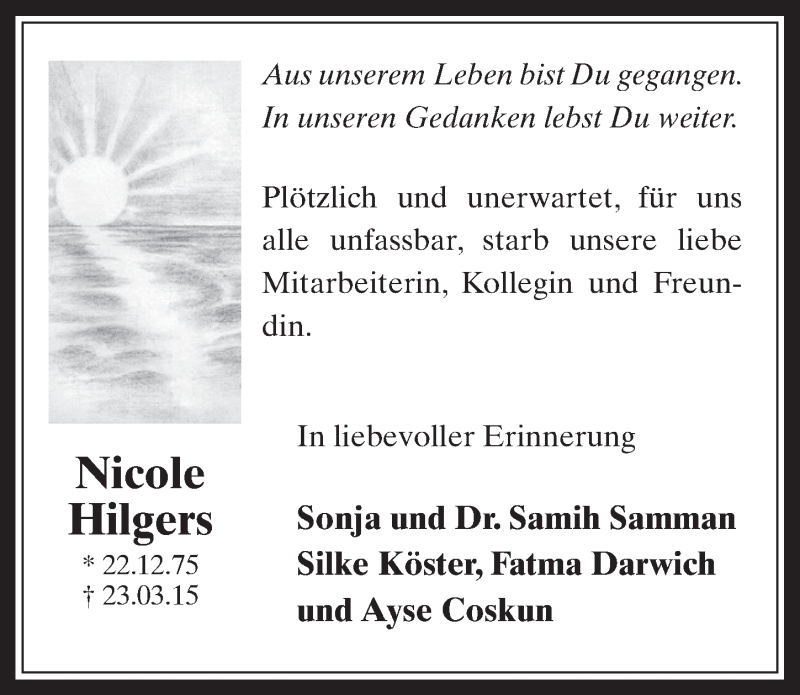  Traueranzeige für Nicole Hilgers vom 08.04.2015 aus  Werbepost 