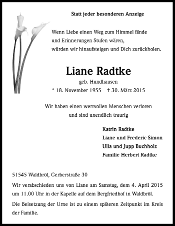 Anzeige von Liane Radtke von Kölner Stadt-Anzeiger / Kölnische Rundschau / Express