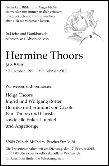 Anzeige von Hermine Thoors von  Blickpunkt Euskirchen 