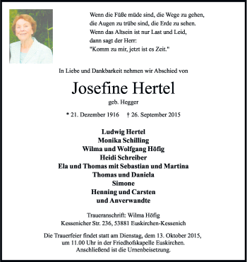 Anzeige von Josefine Hertel von Kölner Stadt-Anzeiger / Kölnische Rundschau / Express
