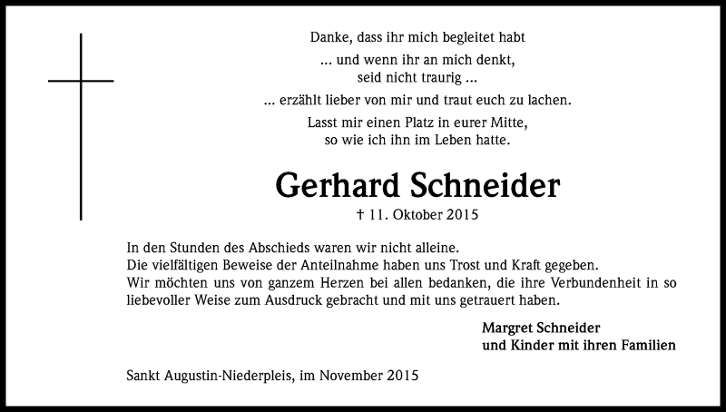  Traueranzeige für Gerhard Schneider vom 14.11.2015 aus Köln - Wir Trauern