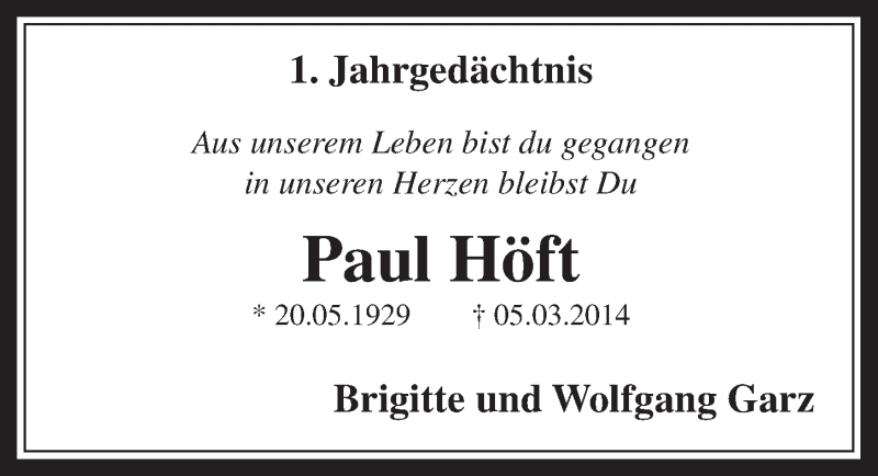  Traueranzeige für Paul Höft vom 28.02.2015 aus  Sonntags-Post 