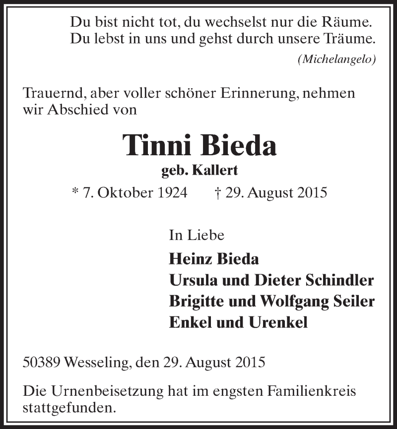  Traueranzeige für Tinni Bieda vom 23.09.2015 aus  Schlossbote/Werbekurier 