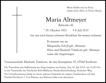 Anzeige von Maria Altmeyer von Kölner Stadt-Anzeiger / Kölnische Rundschau / Express